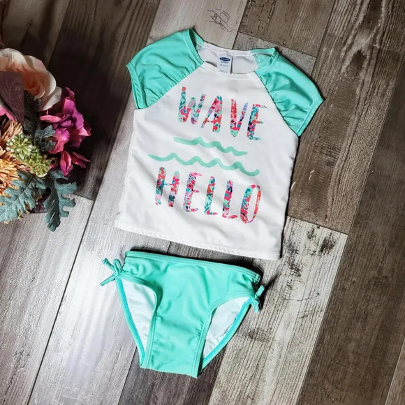 Old Navy Seafoam Green Wave Hello Floral Rash Guard 2 Piece Swimsuit Size 18-24m - Picture 4 of 15